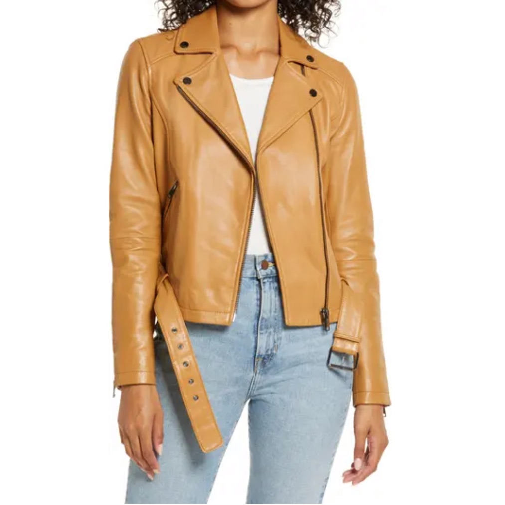 Rachel Parcell Tan Biscuit Leather Moto Jacket Size Medium